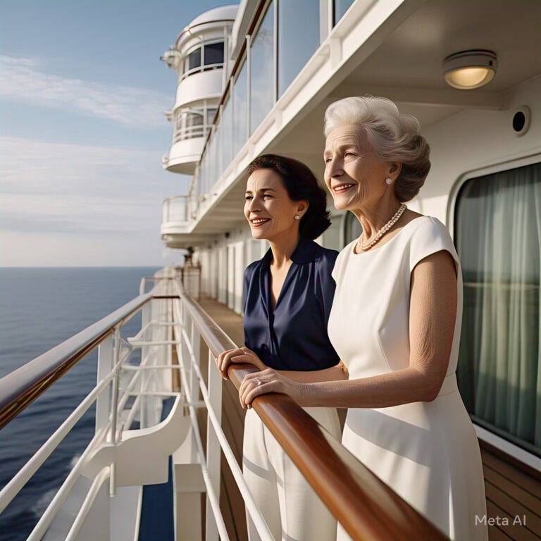 Abuela e hija viendo hacia la inmensidad del mar desde el crucero
