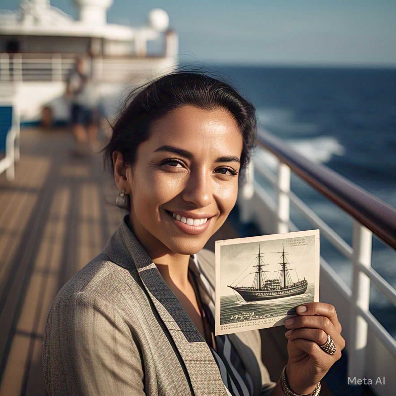 Mujer sonriente en un crucero mostrando una foto de uun barco