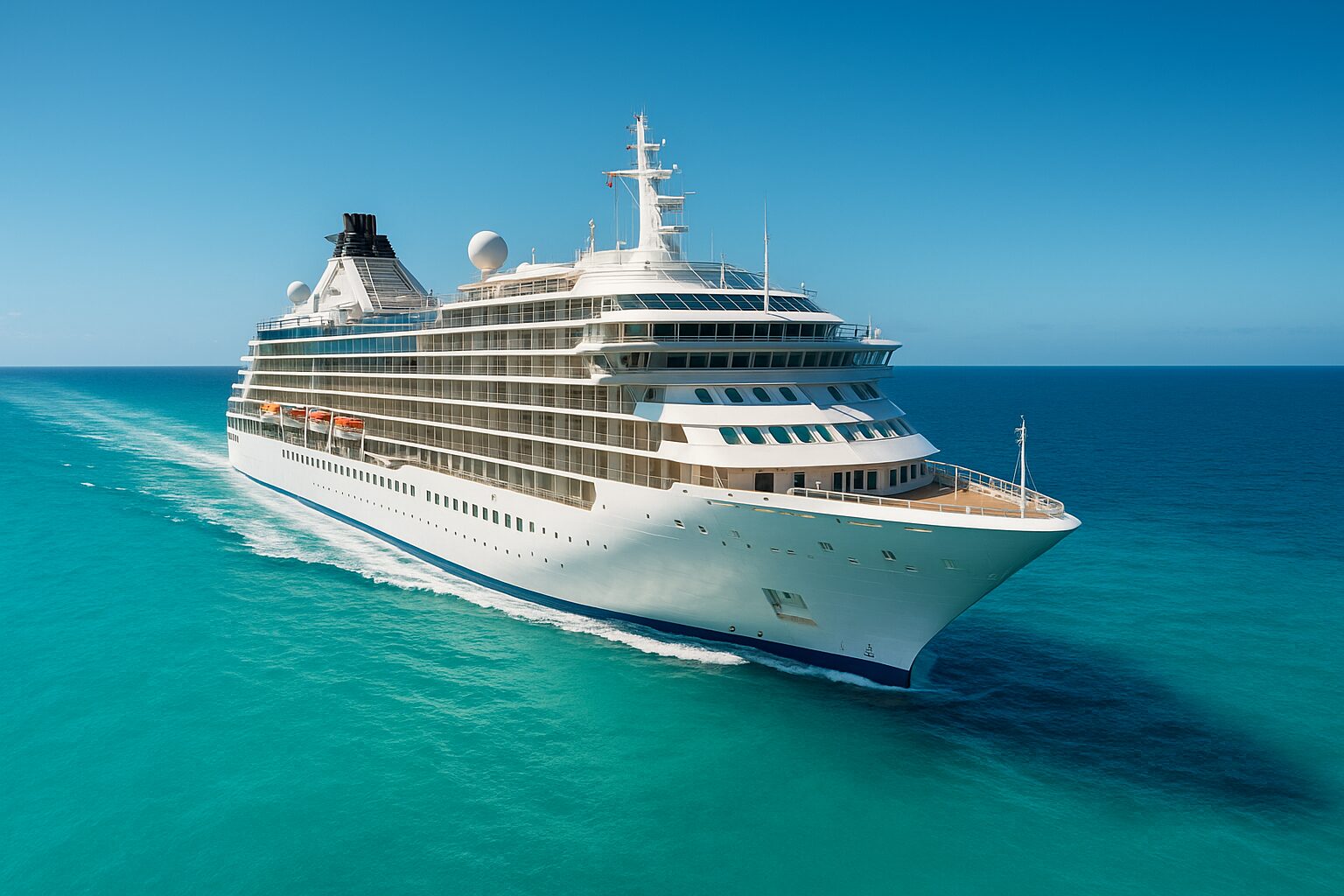 Crucero de lujo navegando en aguas turquesas bajo un cielo despejado, símbolo de libertad y experiencias premium.